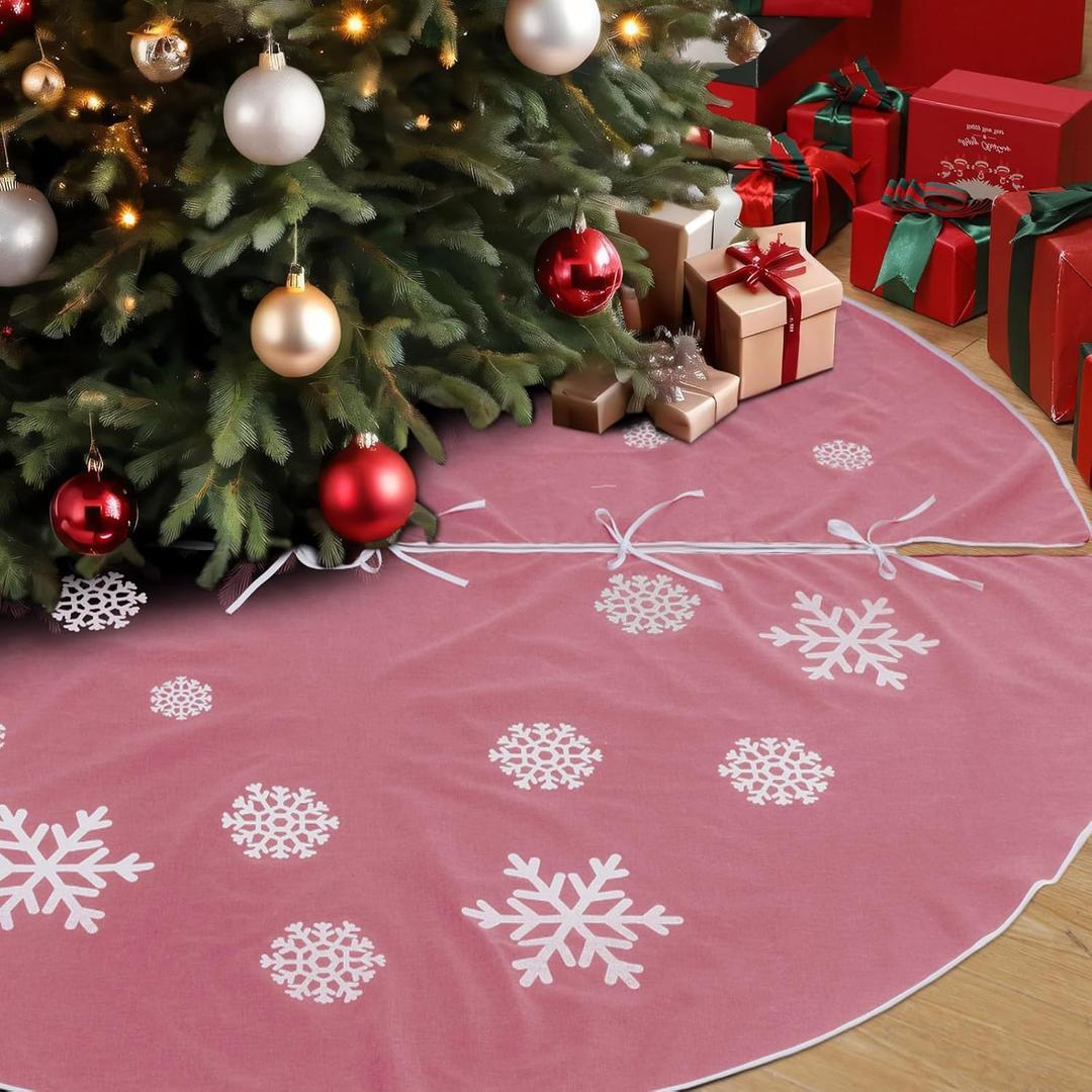 84 Inch Large Pink Christmas Tree Skirt, Burlap Tree Skirt White Snowflake Xmas Mat for Christmas Home Farmhouse Holiday Indoor Decoration