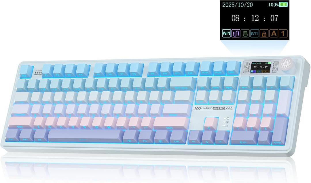 CORBOBO LINGBAO K108 Pro Wireless Mechanical Keyboard with Screen & Knob, Full Size Creamy Keyboard with Number Pad, 10000mAh Battery, PBT Keycaps, RGB Backlit, Hot-swappable Gaming Keyboards
