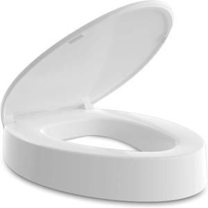 ELONGATED toilet seat risers for seniors, Slow Close, Elevated toilet seat, Heavy Duty, Never Loosen, Raised toilet seat elongated bowl, White(18.5)