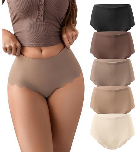 SHARICCA Seamless High Waisted Underwear for Women Cheeky Underwear Wave Edge No Show Bikini Panties Ribbed Panties Pack,5P01,XXL
