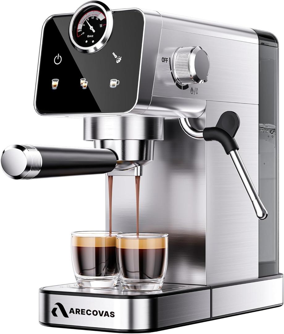 Arecovas Espresso Machine with Milk Frother, 20 Bar Compact Coffee Machine with Touch Screen & 41oz Water Tank for Home Use, Stainless Steel Espresso Coffee Maker for Americano, Cappuccino, Latte (Silver)