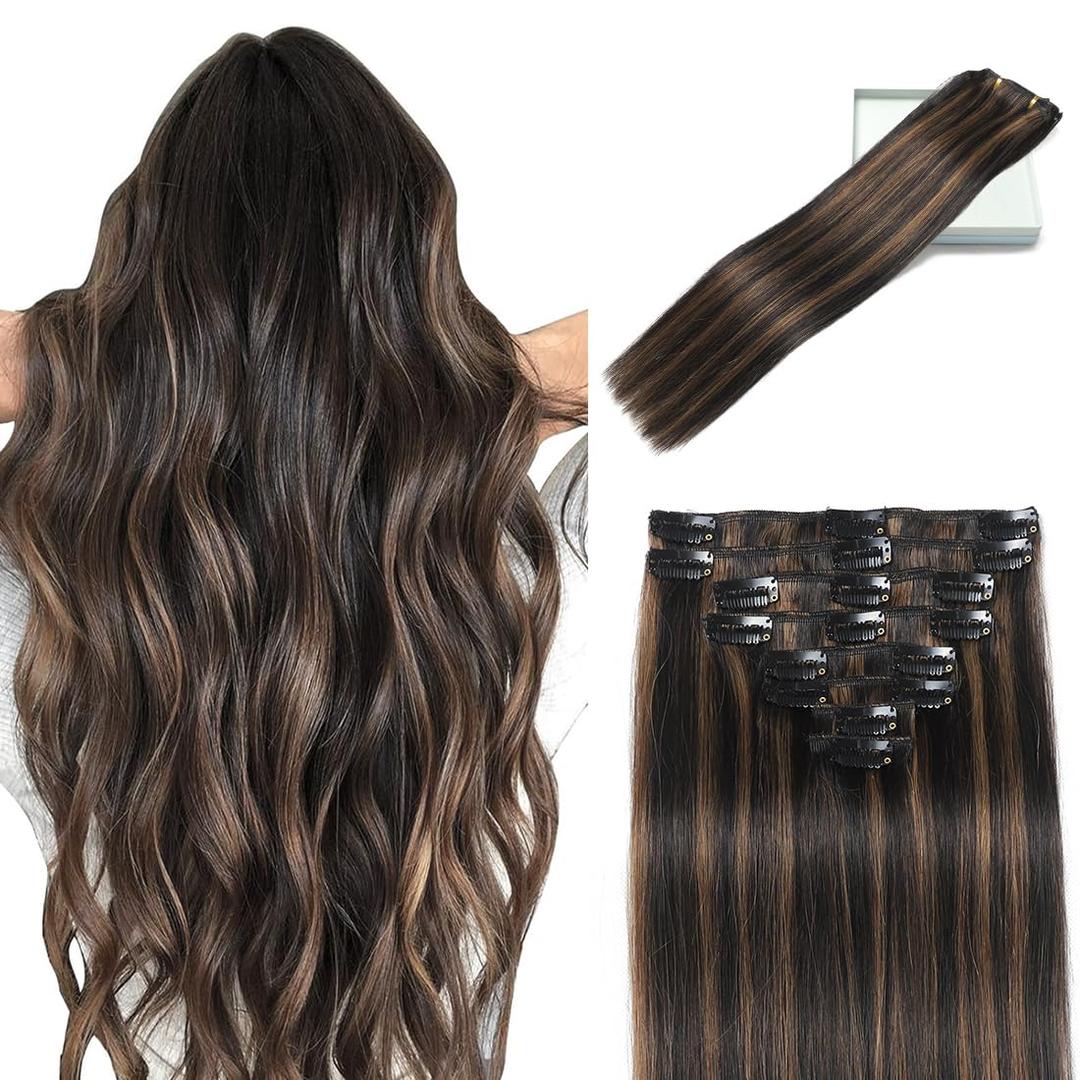 LORIEN Clip in Hair Extensions Real Human Hair, 14 Inch 80g, 1B/6 Natural Black to Chestnut Brown, Clip in 100% Brazilian Remy Human Hair Extensions 8pcs Per Set with 18 Clips Double Weft