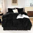 Litanika Black Fluffy Comforter King Size, Luxury Plush Faux Fur Bedding for King, Ultra Soft Warm Velvet Fuzzy Bed Set 3 Pieces(1 Shaggy Comforter 10490 Inch, 2 Pillowcases) Glossy Black