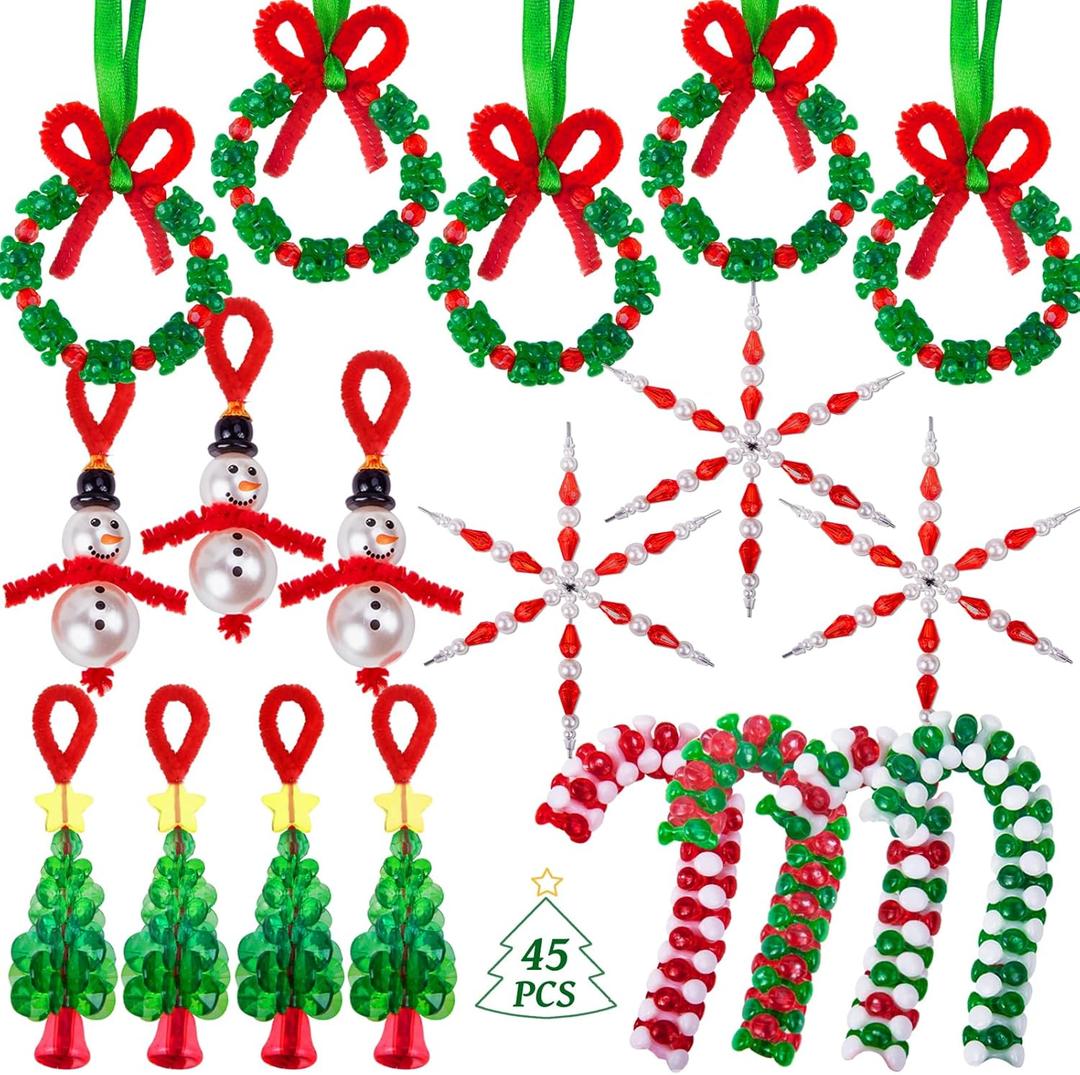 NLUS Christmas Crafts for Kids Adults, 45 Pcs Christmas Beaded Ornament Kits Holiday Crafts - Including Snowman/Christmas Tree/Wreath/Candy Cane/Snowflake (Assembly Required)