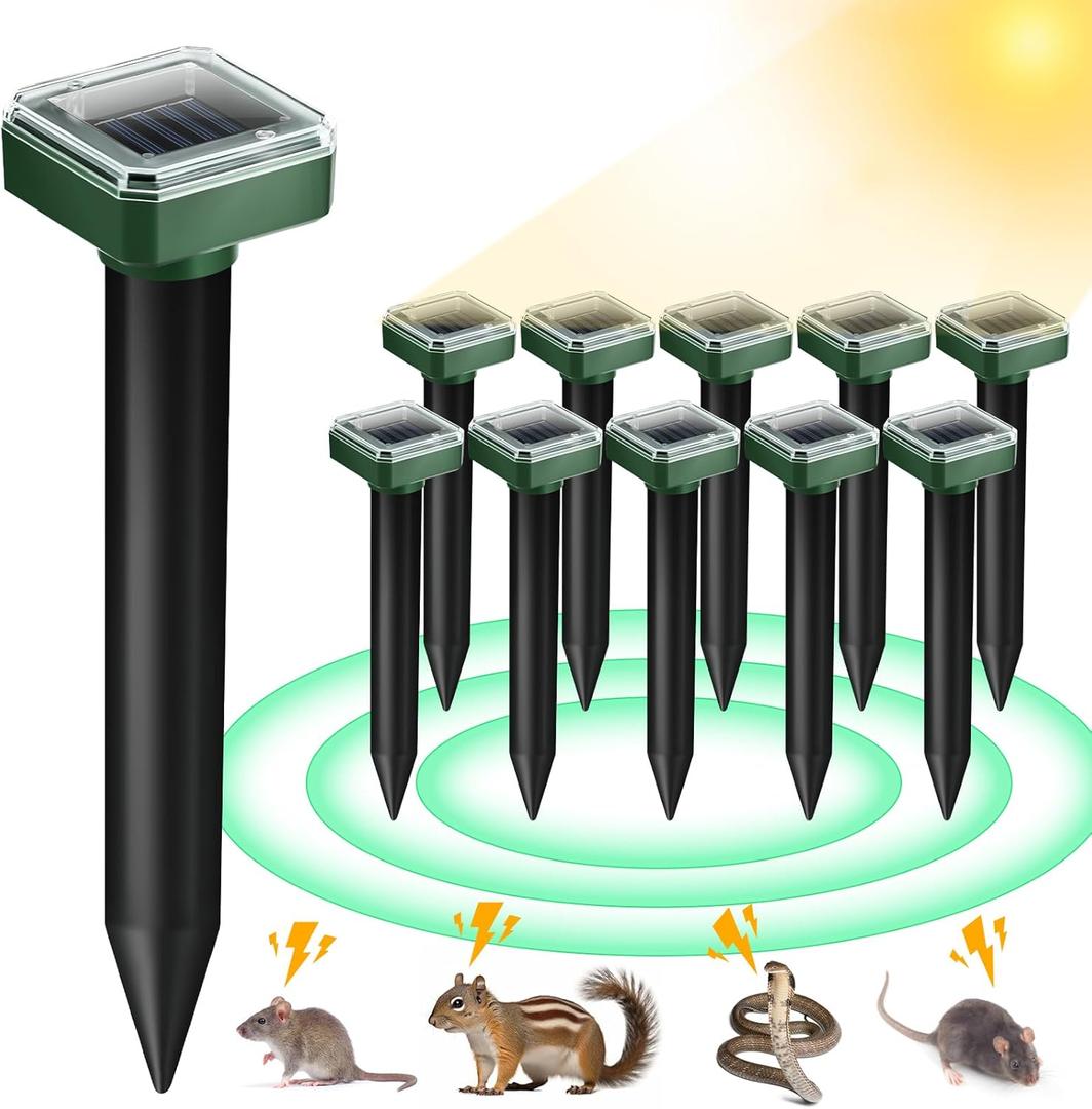 10Pack Mole Repellent Solar Powered Vole Repellent Outdoor Gopher Repellent Ultrasonic for Lawn Garden,Waterproof Sonic Mole Spikes,Get Rid of Moles Groundhog Chipmunk Repellent