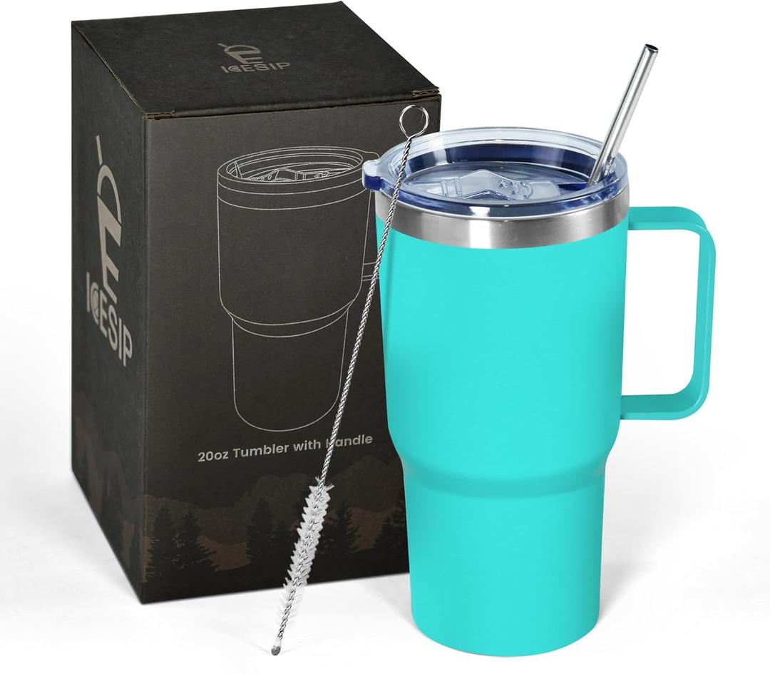 20 oz Tumbler with Handle, insulated cup coffee mug with lid, straw and handle, Double Wall Stainless Steel Vacuum Coffee Tumbler travel mug spill proof, 1pcs Light Green