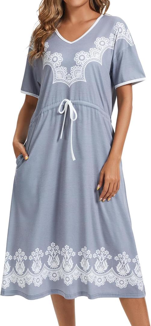 Women's Printed Nightgown, V-Neck Short Sleeve Midi Sleep Dress with Pockets, Loose Fit Comfortable Loungewear (Gray, M)