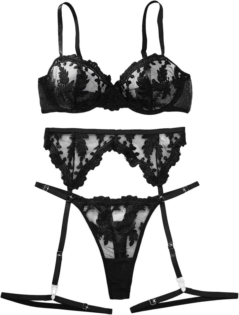 Lilosy Sexy Leaf Floral Embroidered Mesh Sheer Women Underwire Push Up Lingerie Set (Black, L)