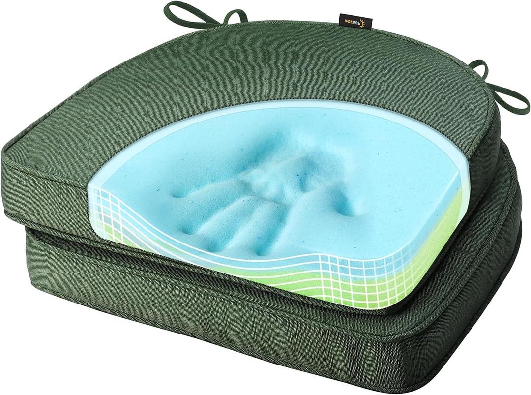 SUNROX Gel Memory Foam Chair Cushions, FadeShield Water-, Stain-Resistant Durable Reversible Seat Cushion Pads with Ties for Indoor/Outdoor Kitchen Dining Office, 19"x19", Set of 2, Heather Fern