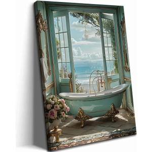 Blue Ocean Theme Bathroom Canvas Wall Art Vintage Teal Bathtub Picture Wall Decor Light Blue Beach Poster Coastal Windows Sea View Painting Print Artwork for Bathroom Toilet Restroom Home Decoration (16L"x12W")