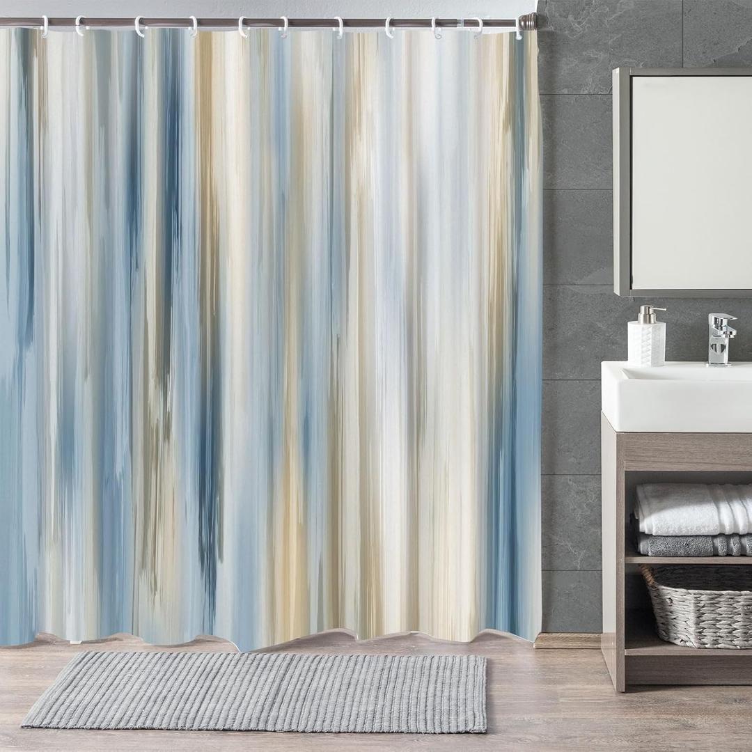 Abstract Modern Shower Curtain, Blue Grey Tan Brown, Polyester Fabric Shower Curtain Set for Bathroom,Contemporary Bath Curtain with Hooks 72x72