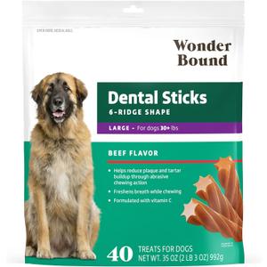 Amazon Brand - Wonder Bound Beef Flavor Dental Sticks for Large Dogs (Over 30 lbs), 6-Ridge Shape for Plaque & Tartar Control, Freshens Breath, Formulated with Vitamin C, 40 Count (Pack of 1), No BB Date