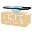 JALL Digital Alarm Clock, with Wooden Electronic LED Time Display, 3 Alarm Settings, 10W Wireless Charging, Day of The Week, Temperature Detect, Wood Made Digital Clocks for Office, Bedroom, Yellow