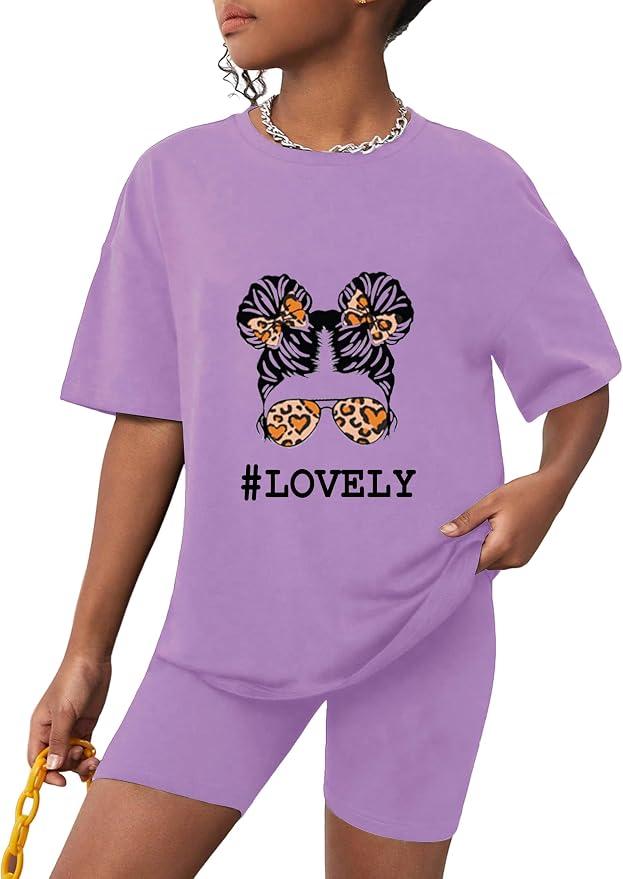 Toddler Girl Clothes 2 Piece Outfits Short Sleeve Tops T Shirt Bike Shorts Lounge Oversized Outfits Sport Active Sets Fashion Running Tracksuit Biker Shorts Set for Spring Summer, 5-6 Year, Purple