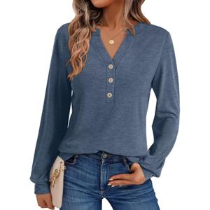 EasyGala Womens V Neck Long Sleeve Shirts Henley Dressy Casual Tops Loose Fit Trendy Tees Fall T Shirts Outfits 2025 Navy Blue (L)