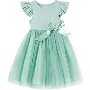 Toddler Girls Ruffle Sleeve Tulle Dress Elastic Waist Bow Kid Casual Sundress, 130