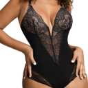 Popilush Lace Shapewear Bodysuit Tummy Control Corset Tops V Neck Sleeveless Backless Body Suit Thongs (L (4-6), Black)