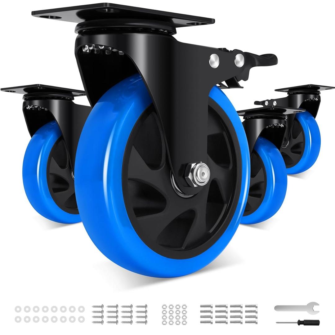 5 Inch Casters Wheel Set of 4, 2200 Lbs Heavy Duty Casters, Safety Locking Industrial Casters with Brake, No Noise Plate Wheels for Cart, Workbench, Furniture (Free Hardware Kits)