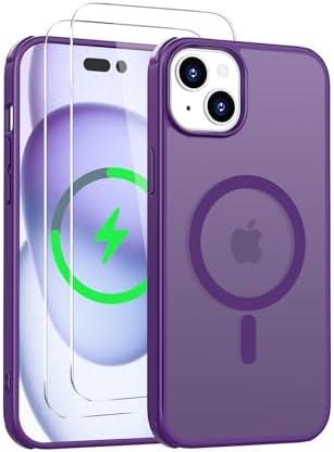 Iokmax Magnetic for iPhone 15 Plus Case [Compatible with MagSafe] with 2X Screen Protector, Military-Grade Slim Shockproof Phone Cover Translucent Anti-Fingerprint for iPhone 15 Plus 6.7'', Purple, Set of 2