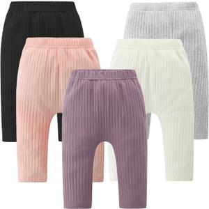 Fullfamous Newborn Infant Baby Girl Pants Clothes Cotton Ribbed 5 Pack Outfits Clothing Leggings, Black/ White/ Grey Marl/ Pink/ Purple for 0-3(3-6 Months)