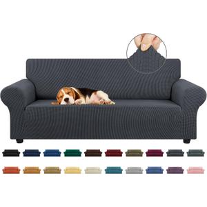 KEKUOU Stretch Sofa Cover Slipcover Couch Covers for 3 Cushion Couch Sofa pet Friendly (78"-94") Furniture Protector Sofa with Elastic Bottom for Kids,Dog, Jacquard Small Checked(Large,Charcoal)