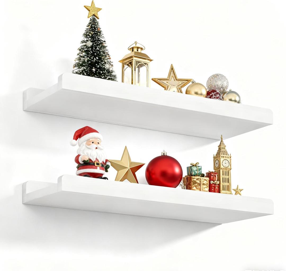Love-KANKEI Floating Shelves Wall Mounted Set of 2, 17 Inch Rustic Wood Wall Shelves for Storage, Bedroom Living Room Bathroom Kitchen Office and More White
