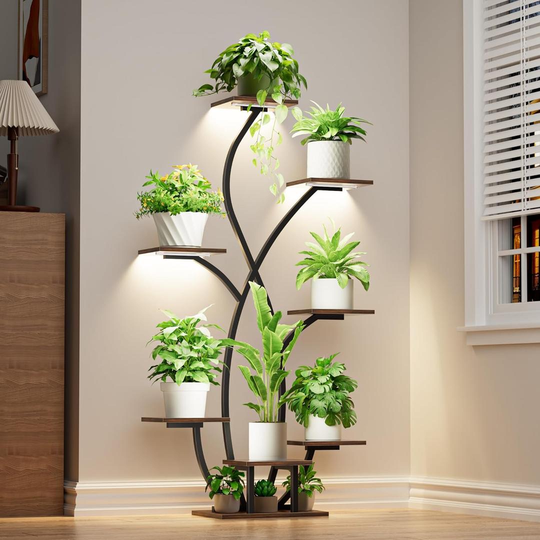 Plant Stand Indoor with Grow Light, 55'' Corner Plant Stands for Indoor Plants, 7 Tiered Indoor Plant Shelf, Flower-Shaped Plant Rack, Metal Display Shelves for Living Room Patio Balcony Decor Black