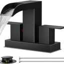 Perpaime Square Black Bathroom Faucets for 2 Hole or 3 Hole, Waterfall 4 Inch Centerset Bathroom Sink Faucet with Metal Pop-up Drain and Supply Lines, Two Handles for Vanity, Laundry Room, Basin