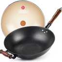 WANGYUANJI Cast Iron Wok,14.1 inch Flat Bottom Wok with Glass Lid,Suitable for All Cooktops, Uncoated Craft Pot Healthy Cooking Pot