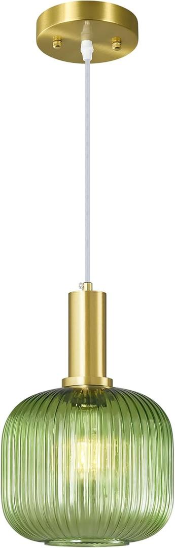 Mid Century Green Glass Pendant Light Farmhouse Striped Glass Pendant Lights Kitchen Island Adjustable Hanging Light for Bedroom Dining Living Room(7.87 Inch)