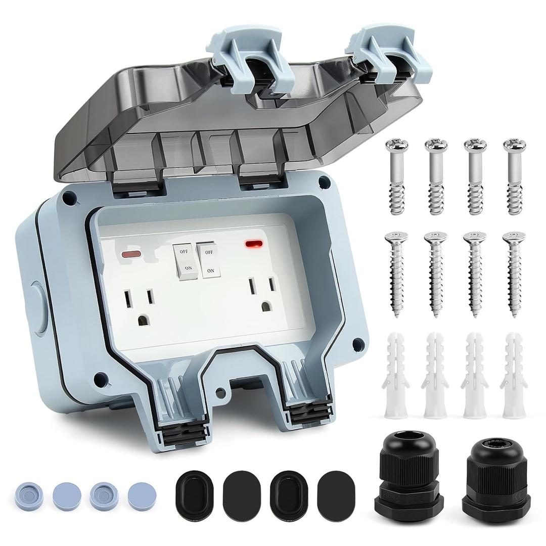 Delgada Outdoor Electrical Outlet with Switch and LED Indicator 15A 110-250V Waterproof Power Socket Box Outside Plug Receptacle with Cable Glands for Garden Parking Lot Lawn Courtyard
