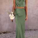 PRETTYGARDEN Women's 2 Piece Satin Outfits Summer Sleeveless Mock Neck Crop Tops and Long Skirt Dress Sets (Green, S)