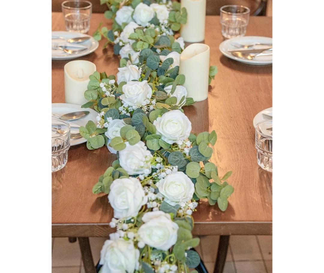 6FT Artificial Eucalyptus Garland with Flowers, 10 White Roses Baby Breath Garland Floral Greenery for Wedding Party Centerpiece Table Runner Backdrop Wall Decor Decoration