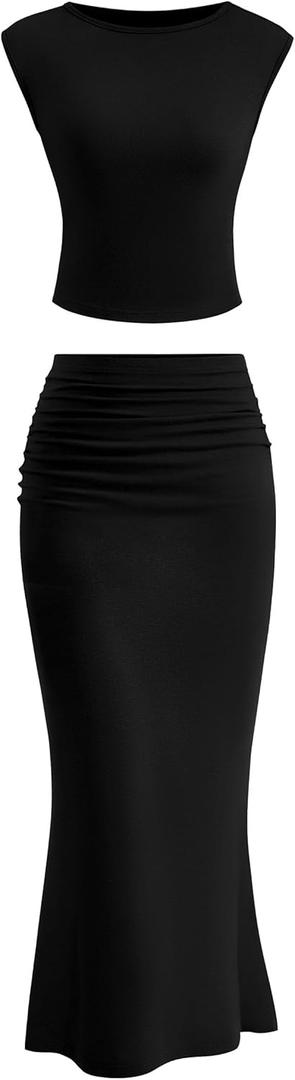 PRETTYGARDEN Skirt Sets Women 2 Piece Outfits Summer Outfits 2026 Going Out Crop Tops Long Maxi Skirts Beach Vacation Clothes (Black, S)