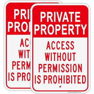 2 Pack Private Property Access Without Permission Prohibited Sign, 12" x 18" Aluminum Private Property Sign Access Without Permission Prohibited, Reflective, UV Protected, Weather Resistant