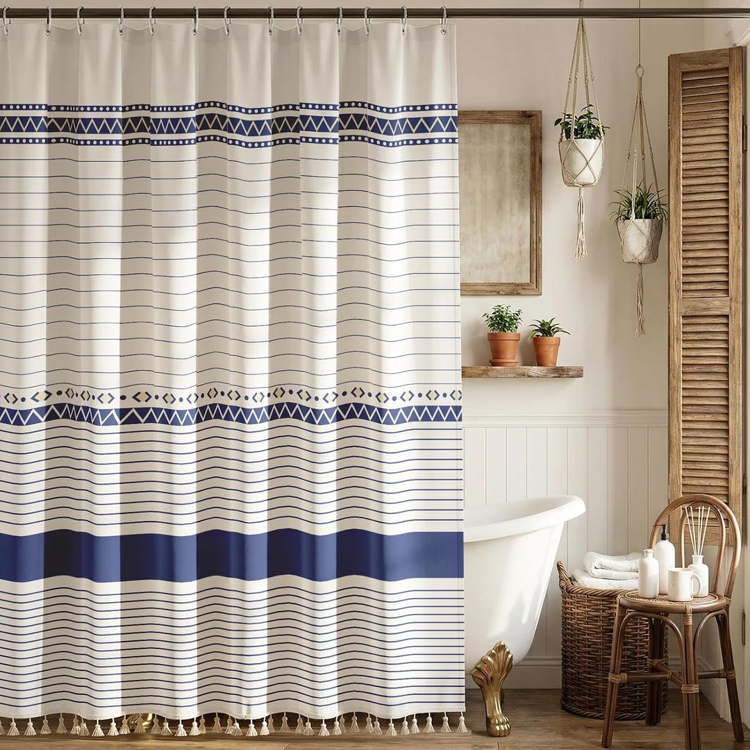 Boho Farmhouse Shower Curtain with 12 Clear Rings, Rustic Fabric Faux Linen Shower Curtain Set with Tassels, Beige & Navy Blue Striped Shower Curtain for Bathroom 72" W x 72" L