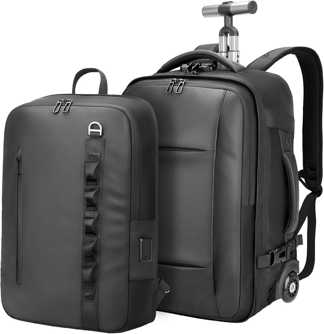 Travel Rolling Backpack,3 in 1 Carry on Backpack Flight Approved,Waterproof Personal Item Bag with Detachable Backpack,Extra Luggage Backpack 50L for Work Teacher College,Black, Medium