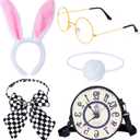 Keymall Easter Wonderland White Rabbit Accessory Kit 5Pcs Bunny Ear Tail Bowtie Round Glasses Bag Props For Easter Halloween