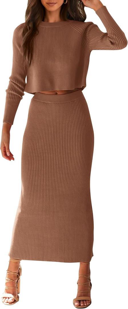 PRETTYGARDEN Women's Spring Fall 2 Piece Sweater Set Rib Knit Long Sleeve Crop Top Maxi Bodycon Skirt Casual Winter Outfits (Brown, Small)