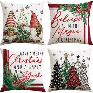 OTOSTAR Christmas Pillow Covers 18x18 Inch Set of 4 Merry Christmas Xmas Trees Decorative Throw Pillow Covers Winter Holiday Cushion Case Decoration for Home Couch (Dwarf Xmas Trees Red)