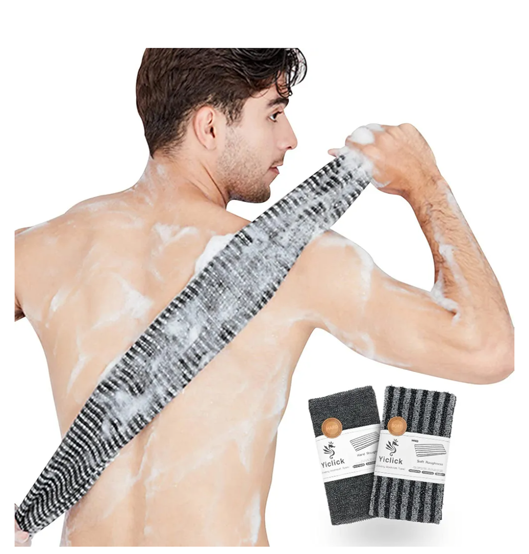 Yiclick Exfoliating Body Scrubber, Back Scrubber for Shower Bath, Japanese Scrub Wash Cloth, Exfoliating Washcloth Towel for Men Women, Body Exfoliator Loofah Luffa Sponge Net Rag Back Washer (Black)