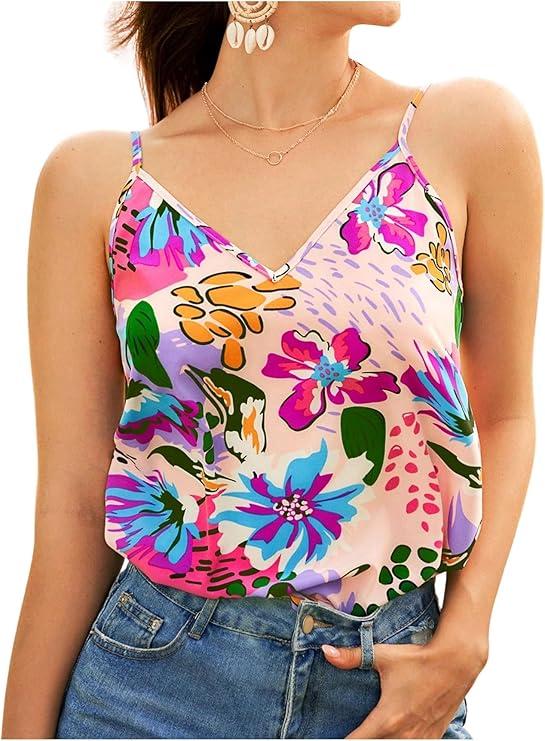 MakeMeChic Women's Floral Print V Neck Cami Tops Spaghetti Strap Backless Tank Tops, XXL