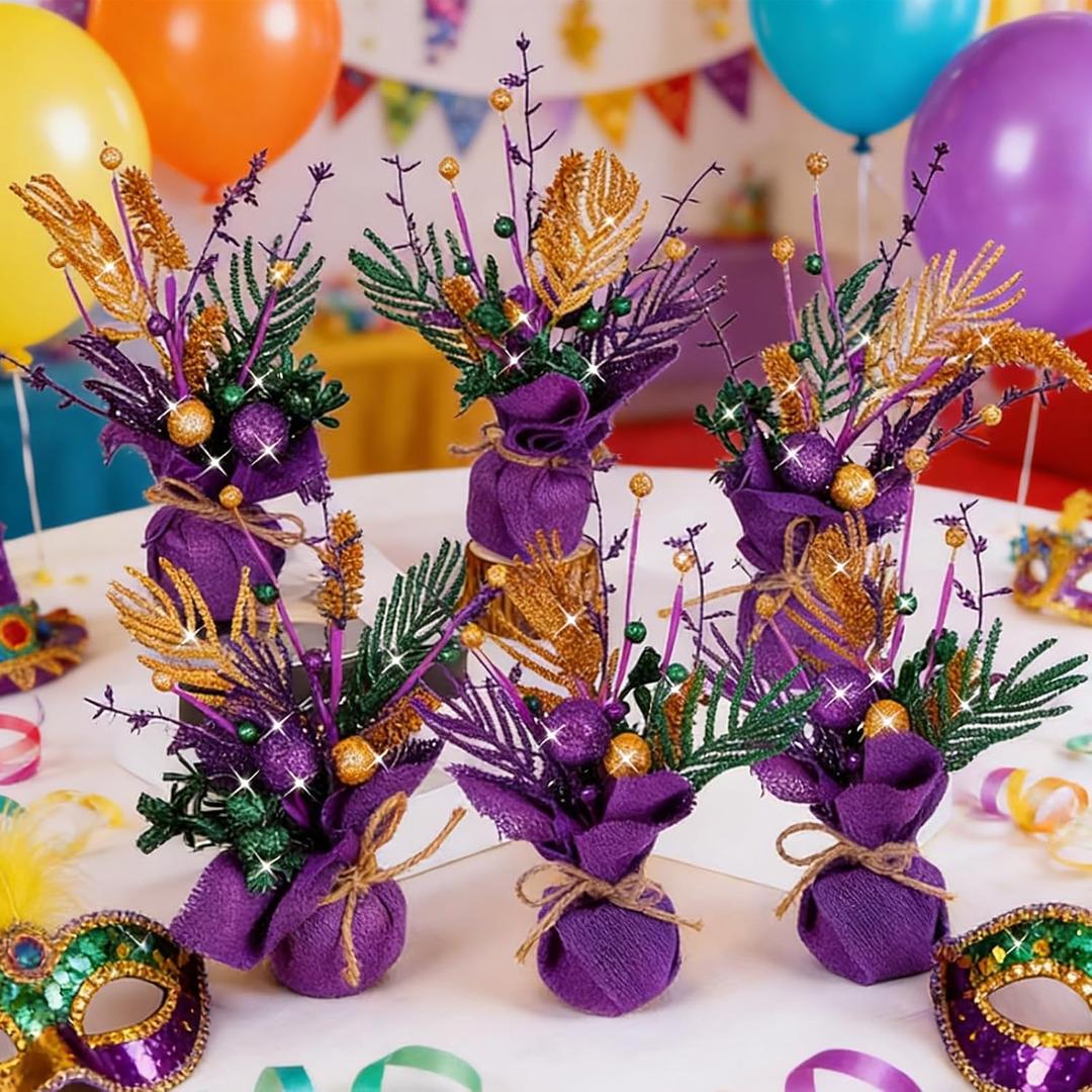 6 PCS Mini Mardi Gras Centerpieces for Table Mardi Gras Tree Table Decor Glitter Carnival Party Mardi Gras Decorations Table Centerpiece Tree for Masquerade Party Holiday Home Decor