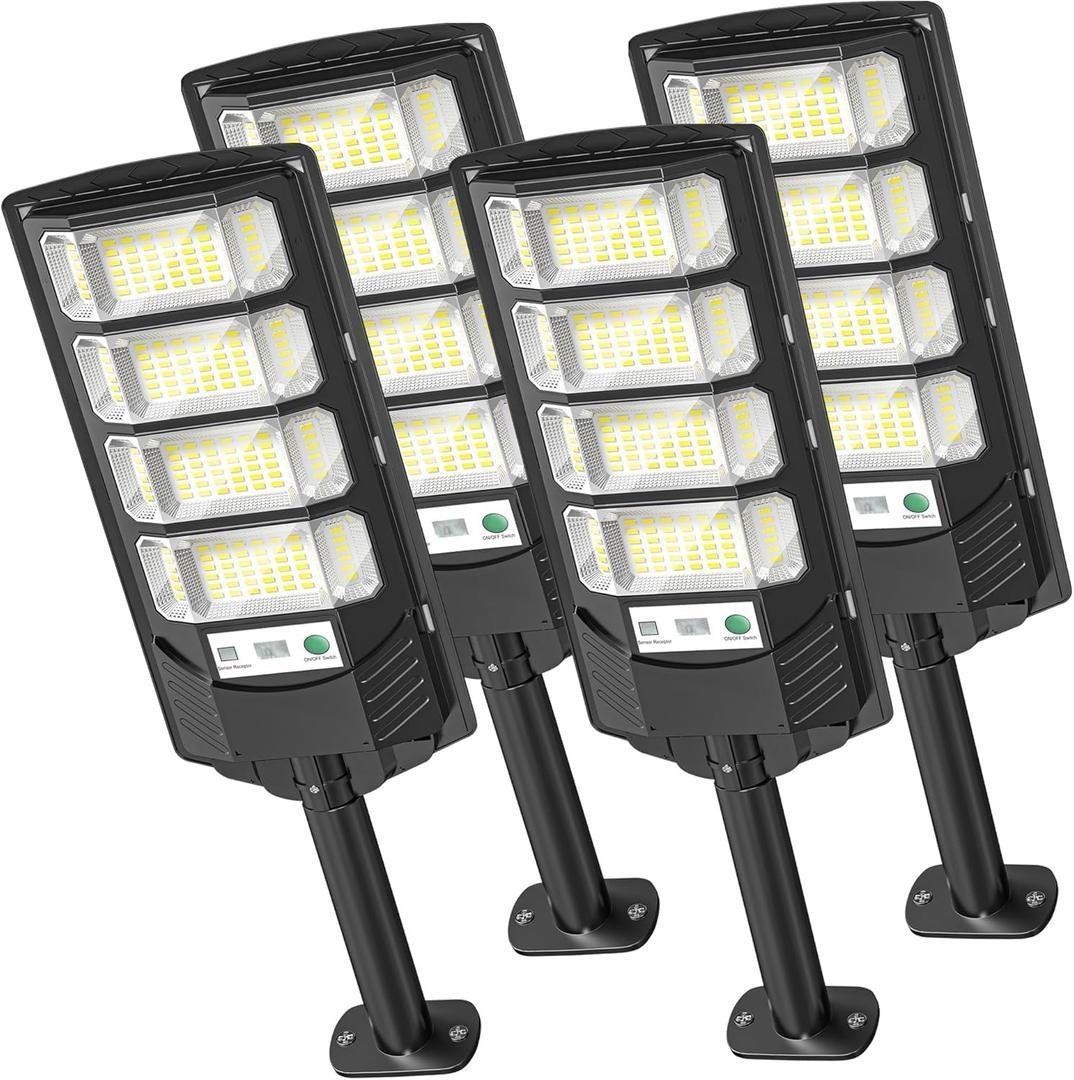 OKPRO Solar Lights Outdoor, Dusk to Dawn Solar Street Light, 6500K Solar Flood Lights with Motion Sensor with Remote, IP66 Waterproof Parking Lot Light, Commercial Area Lighting for Outside 4-Pack, 6500K 4PC