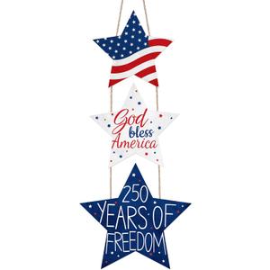 4th of July Patriotic Wreaths for Front Door USA 250th Anniversary Decorations Pentagram Patriotic Wreath Hanging Sign 4th of July Door Hanger for Memorial Independence Day Outdoor Home Wall Decor