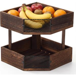 Vicenpal 2 Tier Corner Fruit Basket for Kitchen Countertop Wooden Farmhouse Fruit Bowl Vegetable Basket Produce Stand Storage Holder for Onion Potato, Vegetables, Spice Jars, Bread Storage