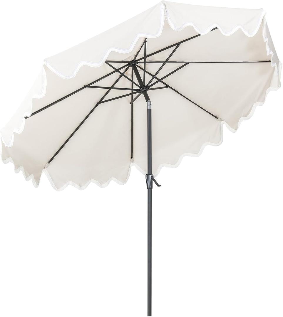 Tempera 9FT Scalloped Tassel Patio Umbrella, Outdoor Market Umbrellas with 8 Sturdy Ribs with Crank & Pust Button Tilt,Fade Resistant Canopy (Beige-Tassles)