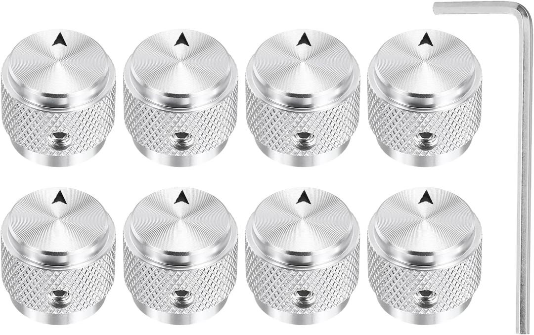 MECCANIXITY 8 Pcs Aluminium Potentiometer Knobs, 1/4"(6mm) IDx5/8(15mm) ODx1/2(13mm) Height Universal Volume Tone Control Knobs for Guitar, Bass, Arrow Indicator, Silver