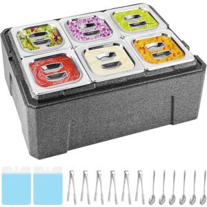 Insulated Cold Food Buffet Ice Serving Trays 6 Lids 6 Pans 2 Ice Packs Insulation Box Cooled Condiment Serving Container Ice Platter Food Cooler for Parties Buffets Fruit Market