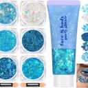 Blue Face and Body Hair Glitter Gel, Party Concerts Cheer Face Paint Holographic Chunky Festival Rave Accessories Glitter Makeup, 6 Kinds of Sparkling Sequins for Hair Nail Eye Lip Body